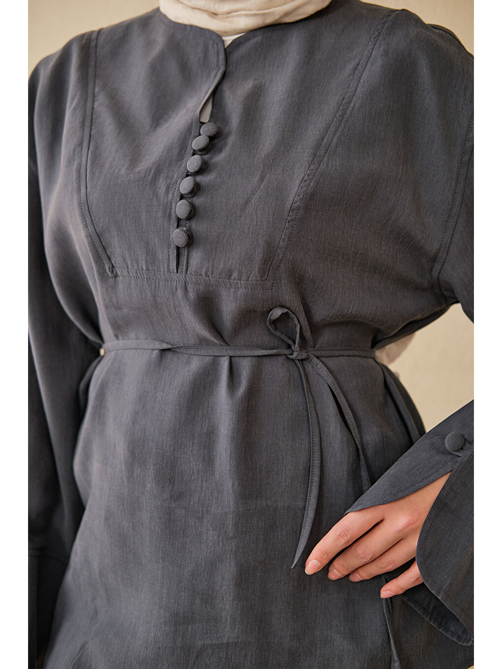 Kadın Önü Çoban Düğmeli Bel Bağlamalı Tunik Antrasit-3