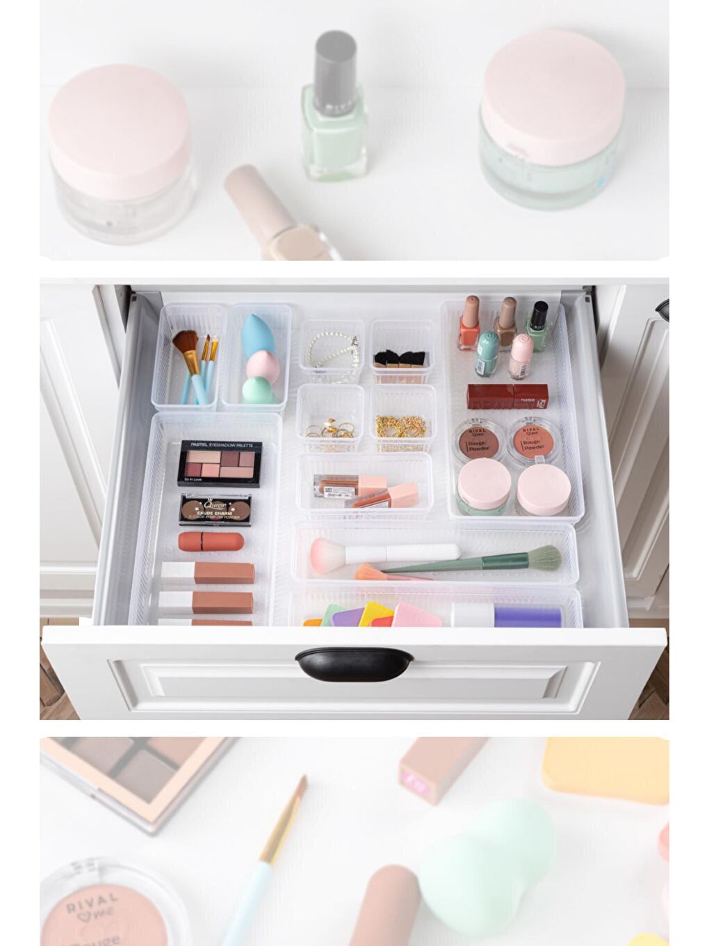 Renksiz 7 Parça Modüler Organizer Set - Kozmetik Aksesuar Düzenleyici Şeffaf-3