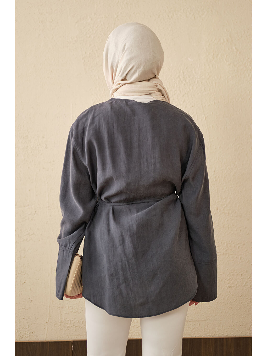 Kadın Önü Çoban Düğmeli Bel Bağlamalı Tunik Antrasit-4