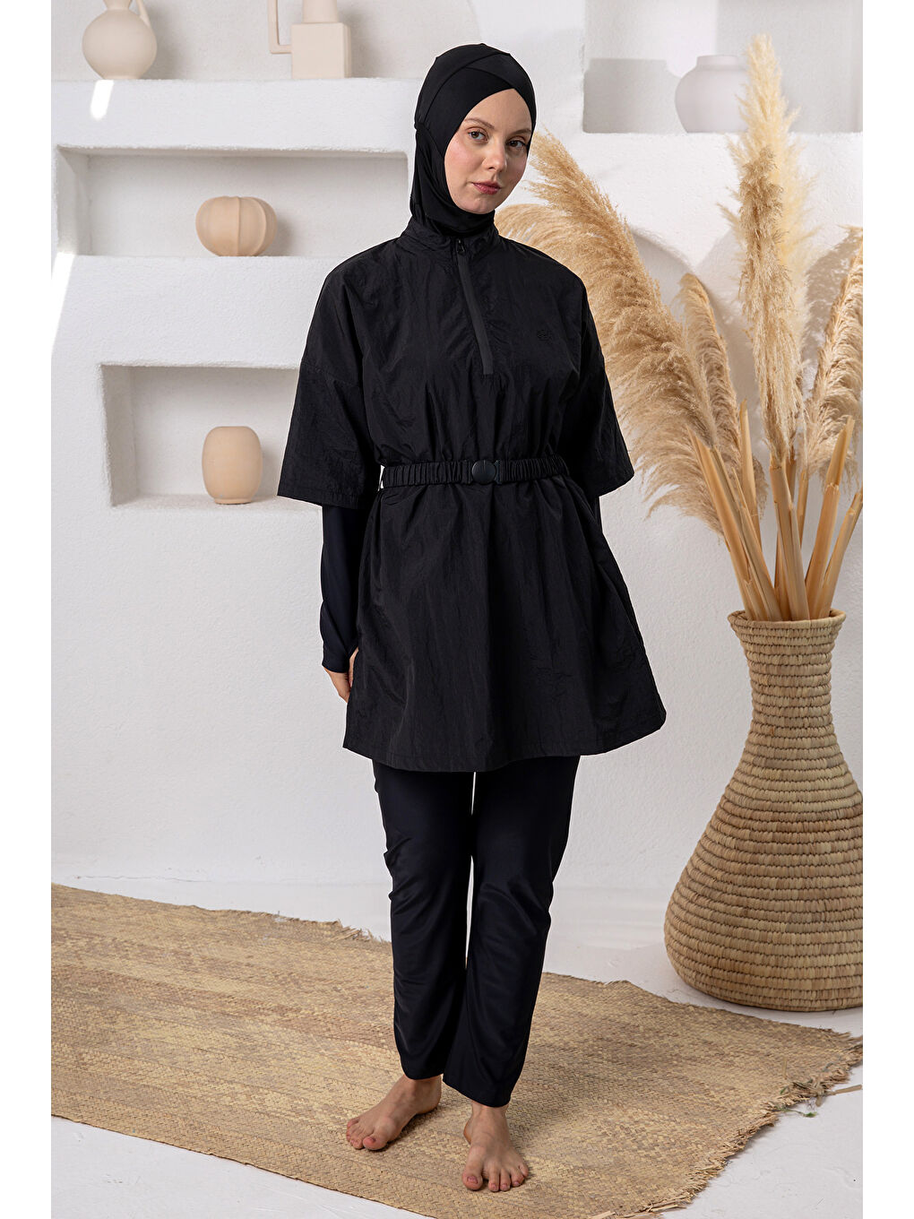 UV Korumalı Paraşüt Bilek Geçirme Detay Yelekli Tam Kapalı Tesettür Mayo 1306 Siyah04-3