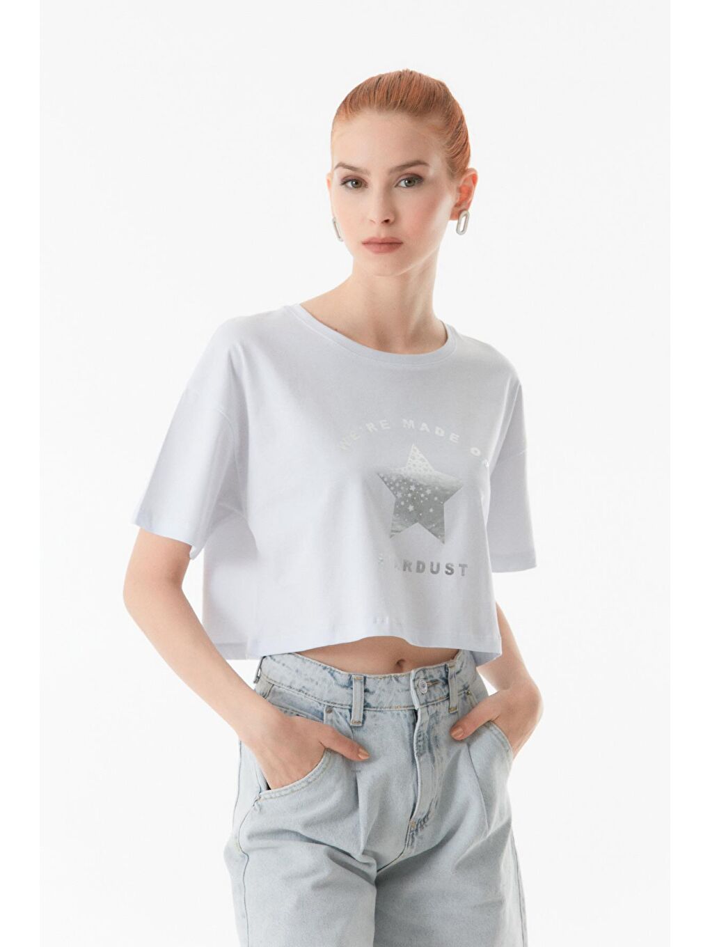 Beyaz Baskılı Bisiklet Yaka Oversize Crop Tişört-2