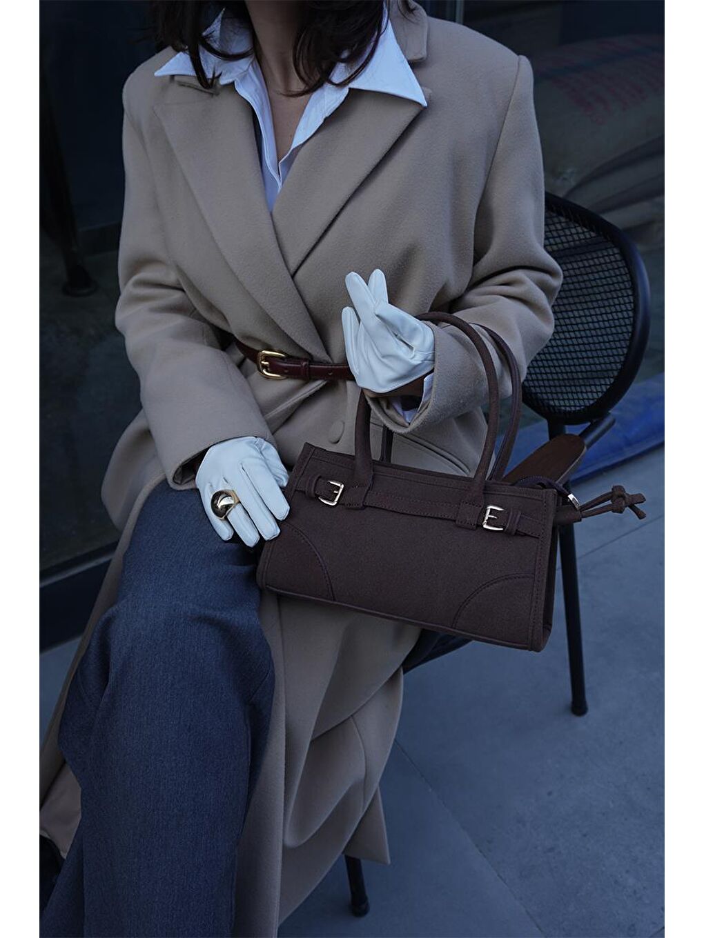 Kahverengi Maison Süet Baget Çanta Acı Kahve-2