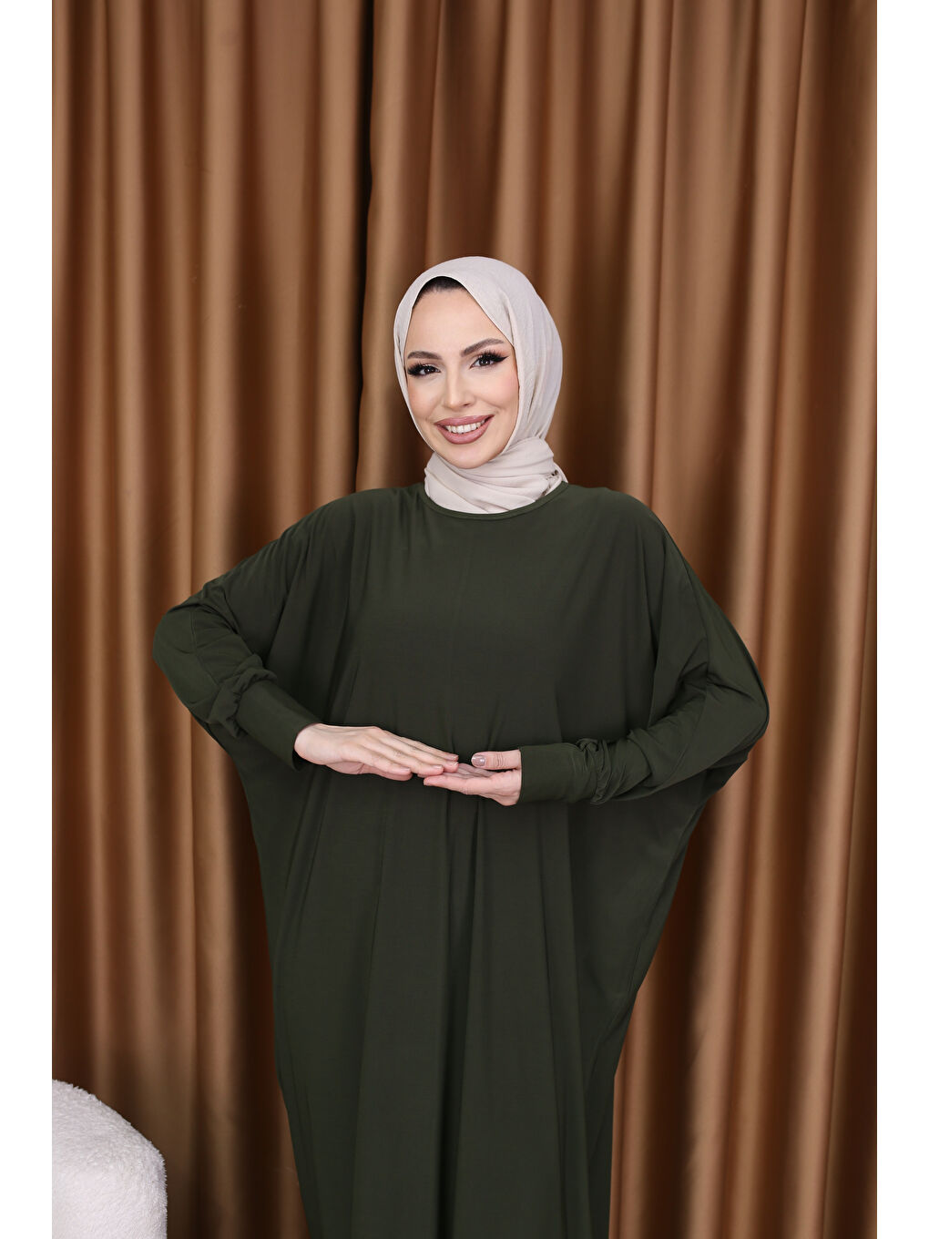 Kadın Trend Basic Uzun Kollu Haki Elbise-1