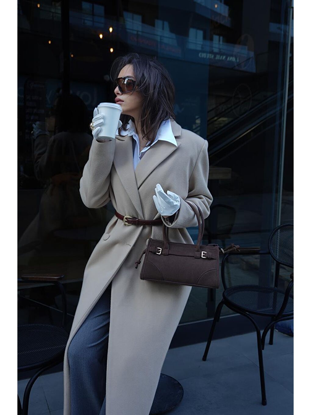 Kahverengi Maison Süet Baget Çanta Acı Kahve-3