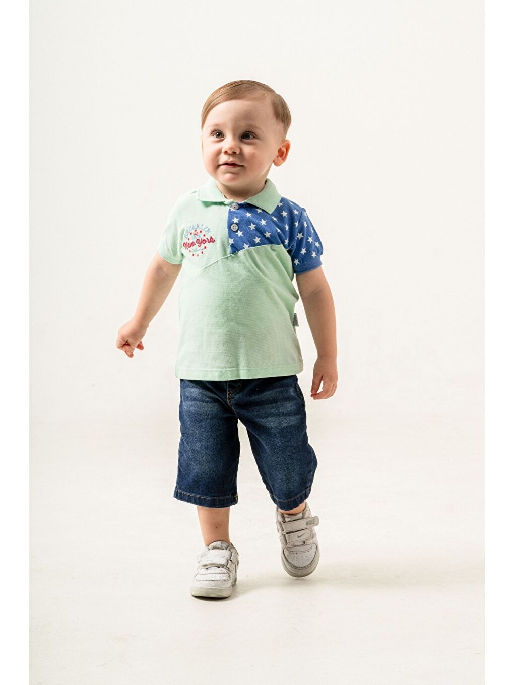 Turkuaz Erkek Bebek Polo Yaka Yıldız Desenli Tişört Jean Şort 2’li Yazlık Takım-2