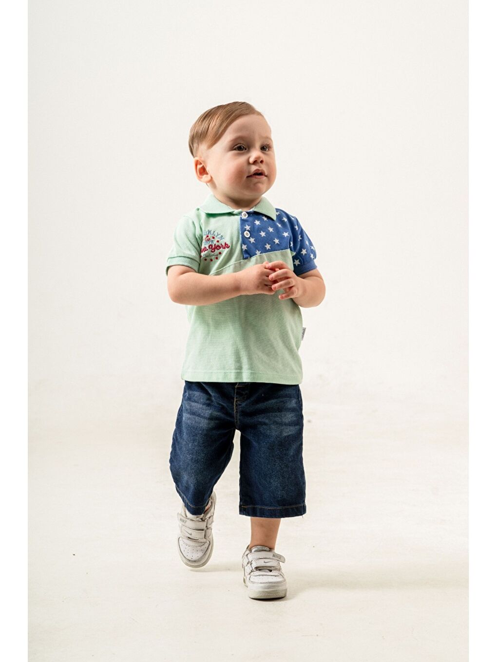 Turkuaz Erkek Bebek Polo Yaka Yıldız Desenli Tişört Jean Şort 2’li Yazlık Takım-3