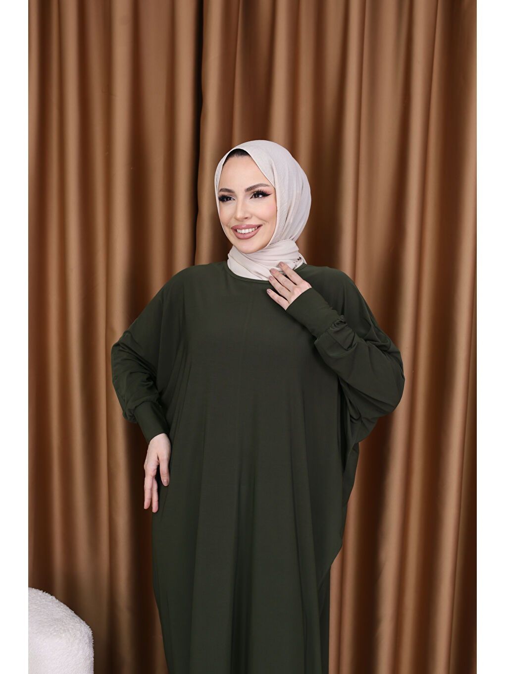 Kadın Trend Basic Uzun Kollu Haki Elbise-2