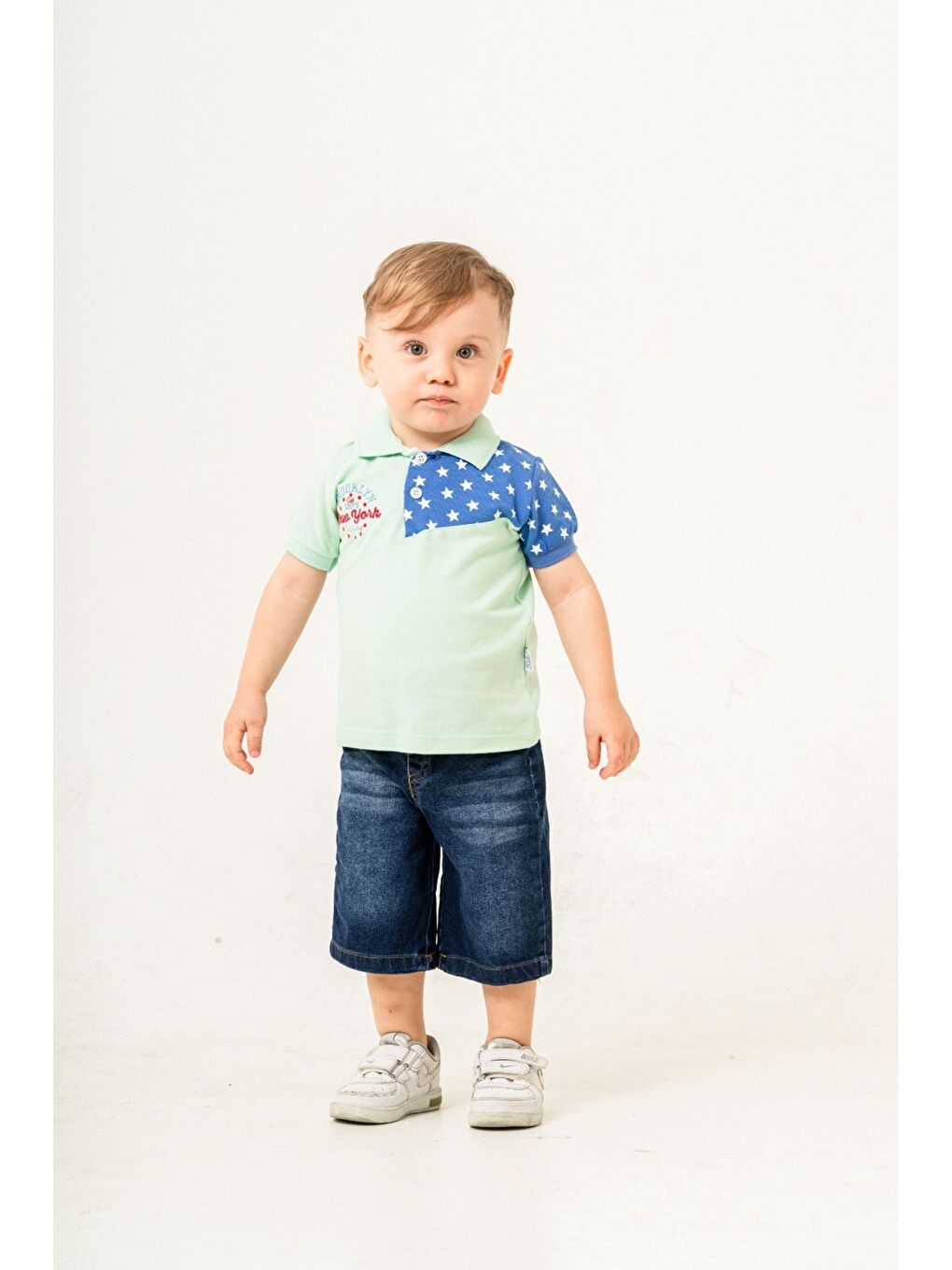 Turkuaz Erkek Bebek Polo Yaka Yıldız Desenli Tişört Jean Şort 2’li Yazlık Takım-5
