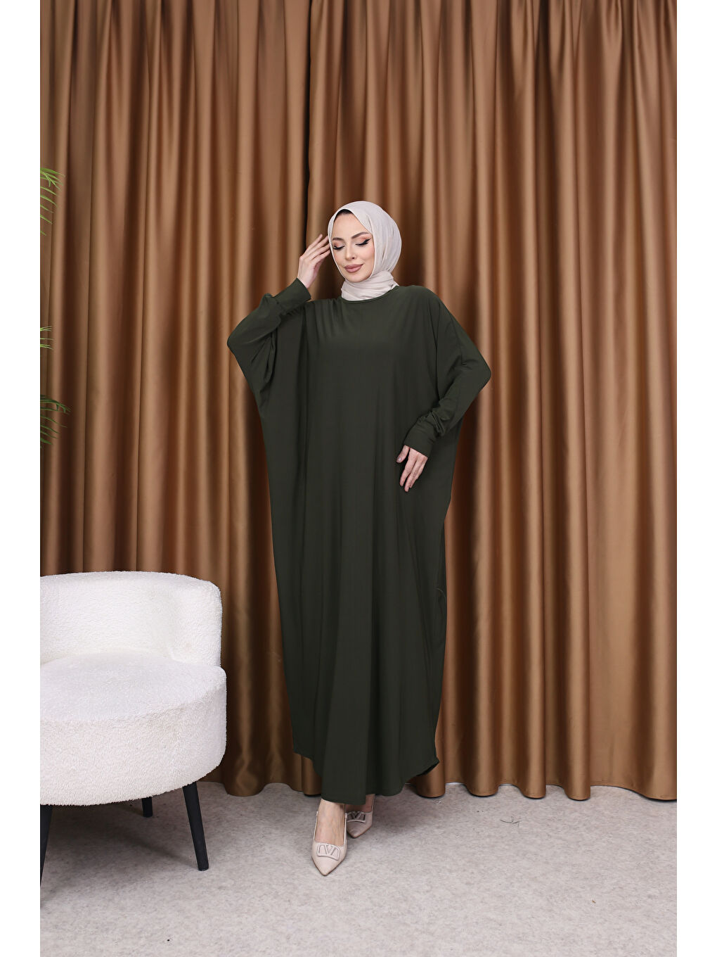 Kadın Trend Basic Uzun Kollu Haki Elbise-3