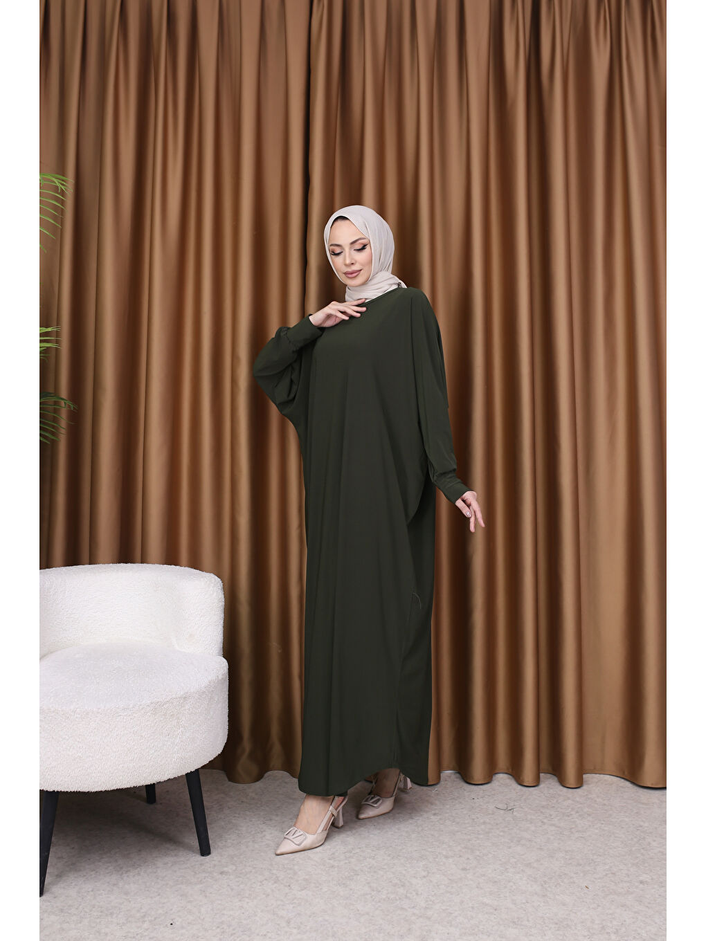 Kadın Trend Basic Uzun Kollu Haki Elbise-4