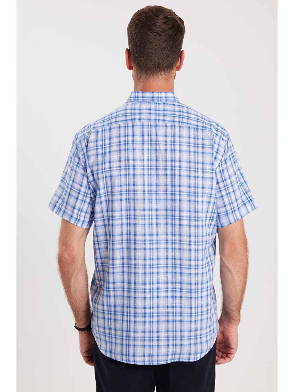 Karışık Erkek Regular Fit Klasik Kesim %100 Pamuk Keten Doku Cepli Kareli Kısa Kollu Düğmeli Yaka Gömlek-6