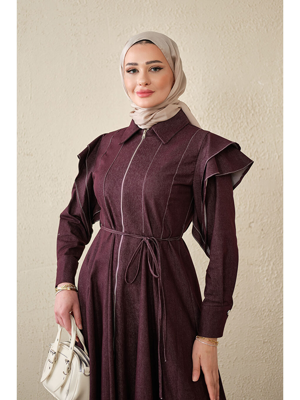 Kadın Dikiş Detay Omuz Büzgülü Jean Elbise Bordo-1