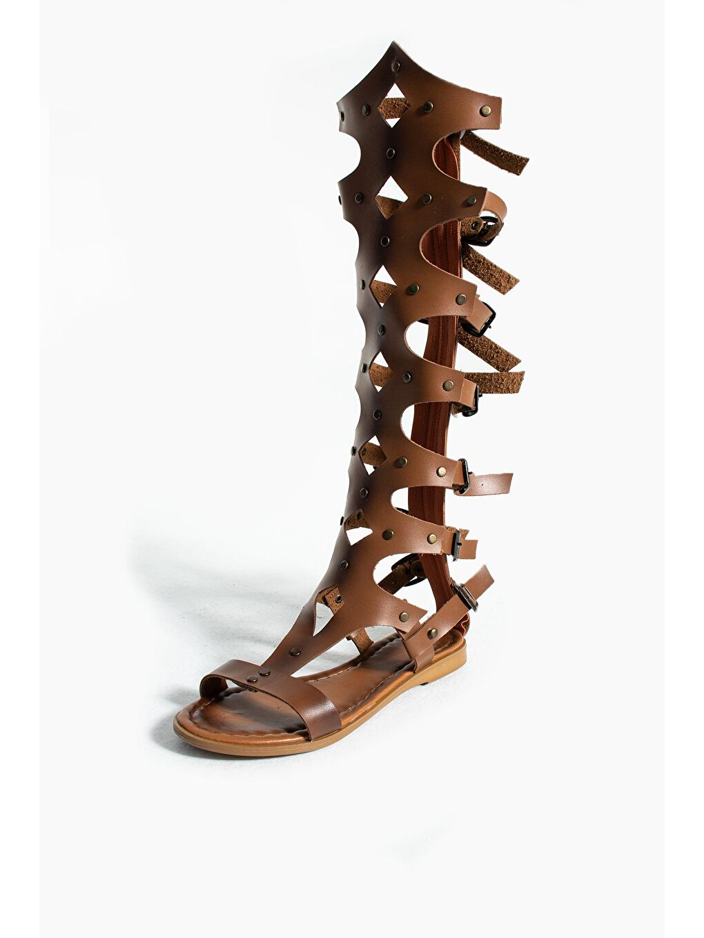Kahverengi Önü Açık Diz Altı Tokalı & Fermuarlı Gladyo Model Kadın Sandalet 51-0401-24-5