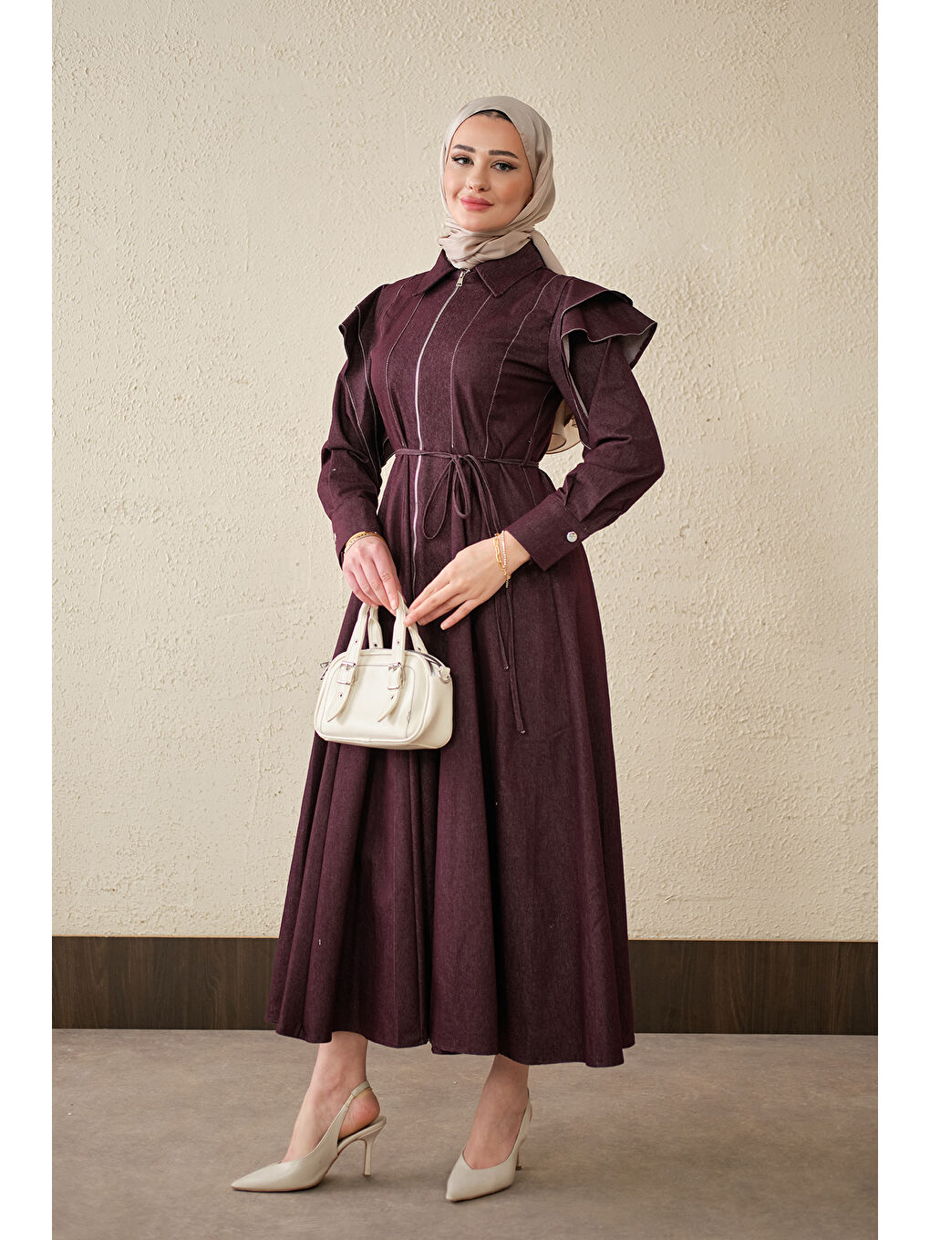 Kadın Dikiş Detay Omuz Büzgülü Jean Elbise Bordo-2