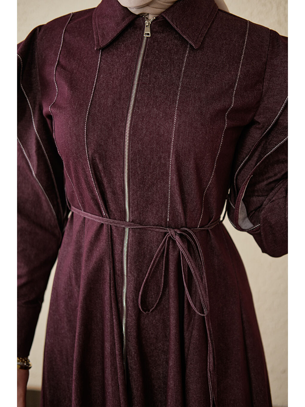 Kadın Dikiş Detay Omuz Büzgülü Jean Elbise Bordo-3