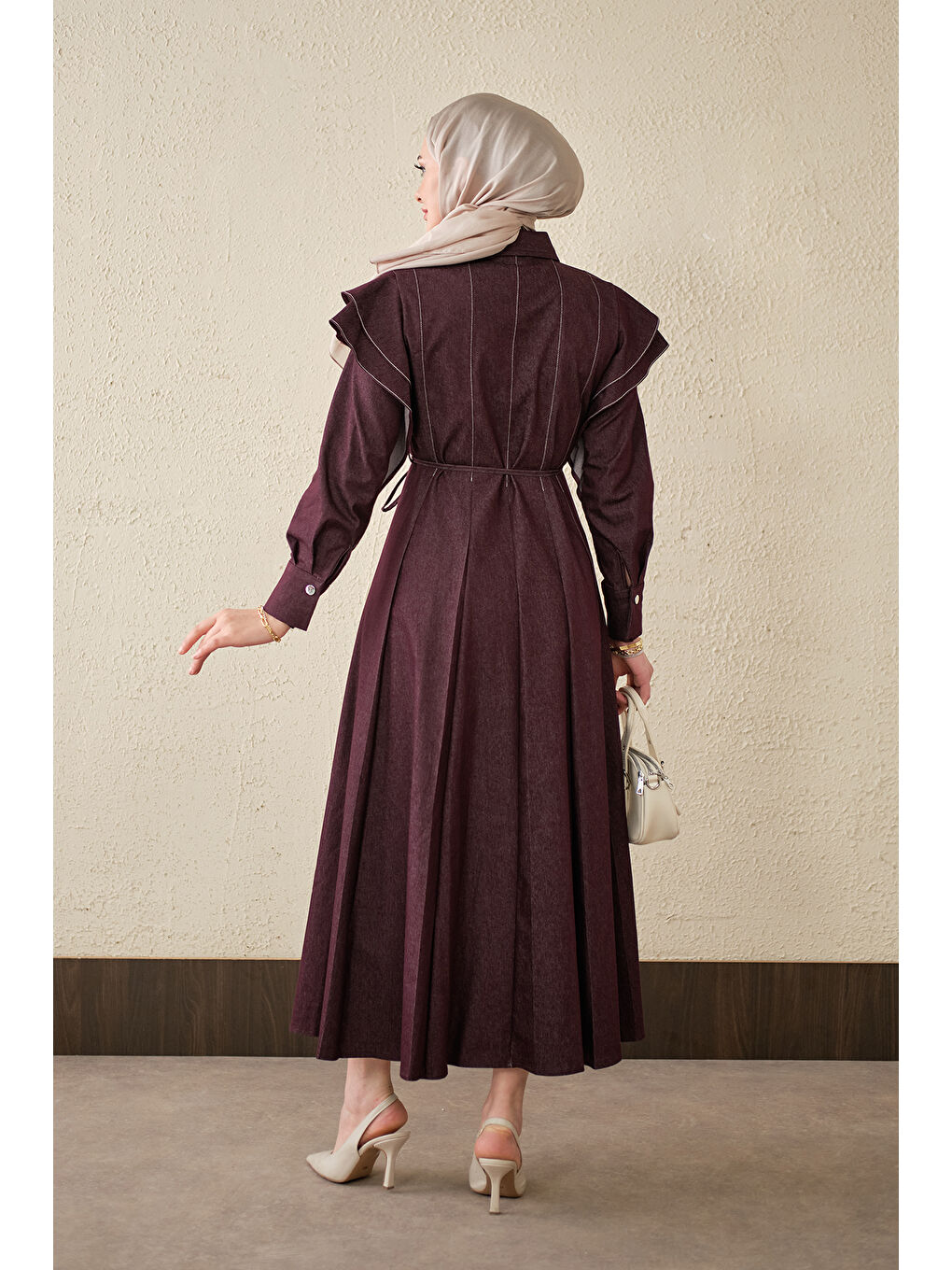 Kadın Dikiş Detay Omuz Büzgülü Jean Elbise Bordo-4