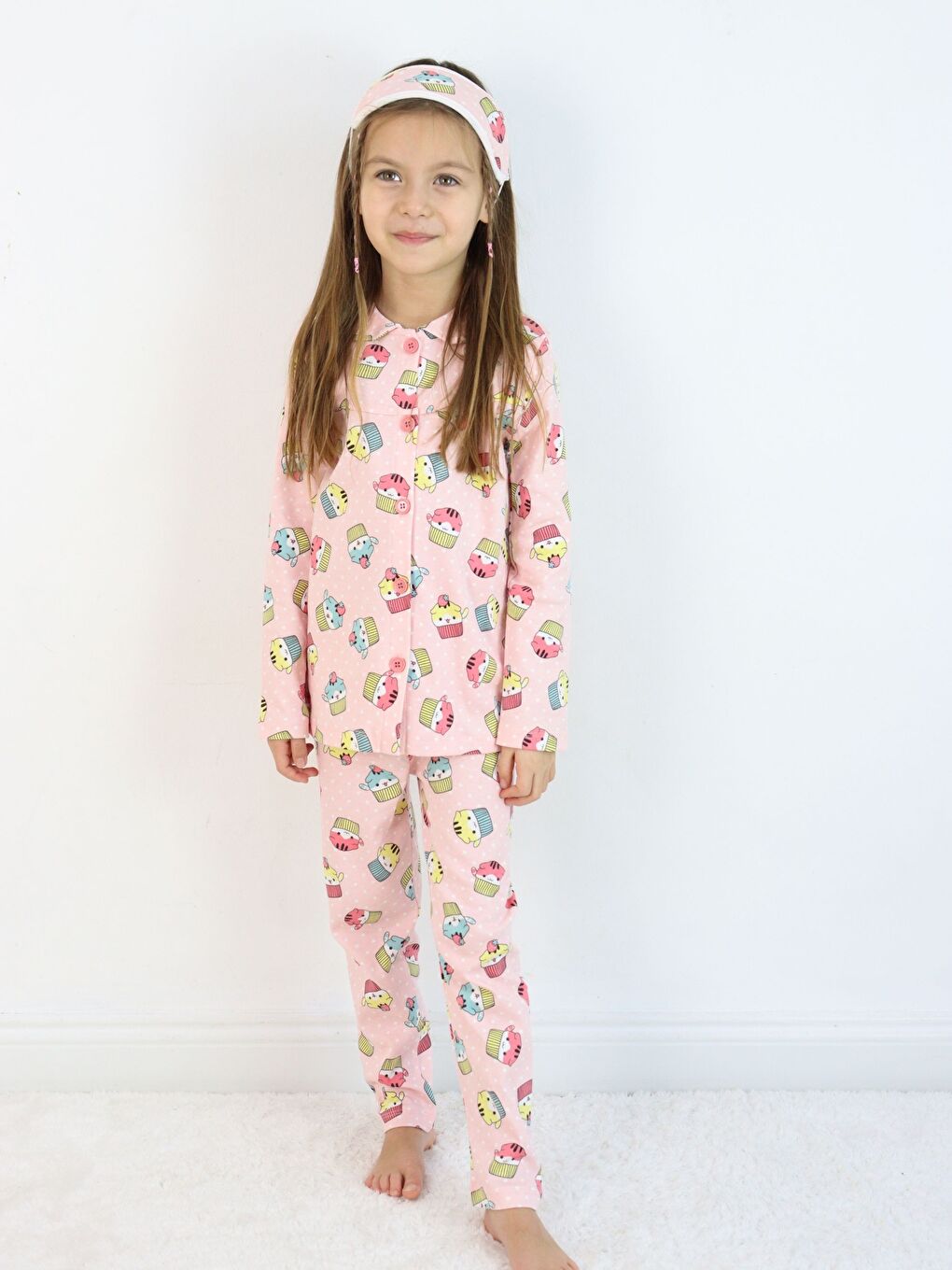 Pembe Bebe Yaka Düğmeli Kız Çocuk Göz Bantlı Pijama Takımı