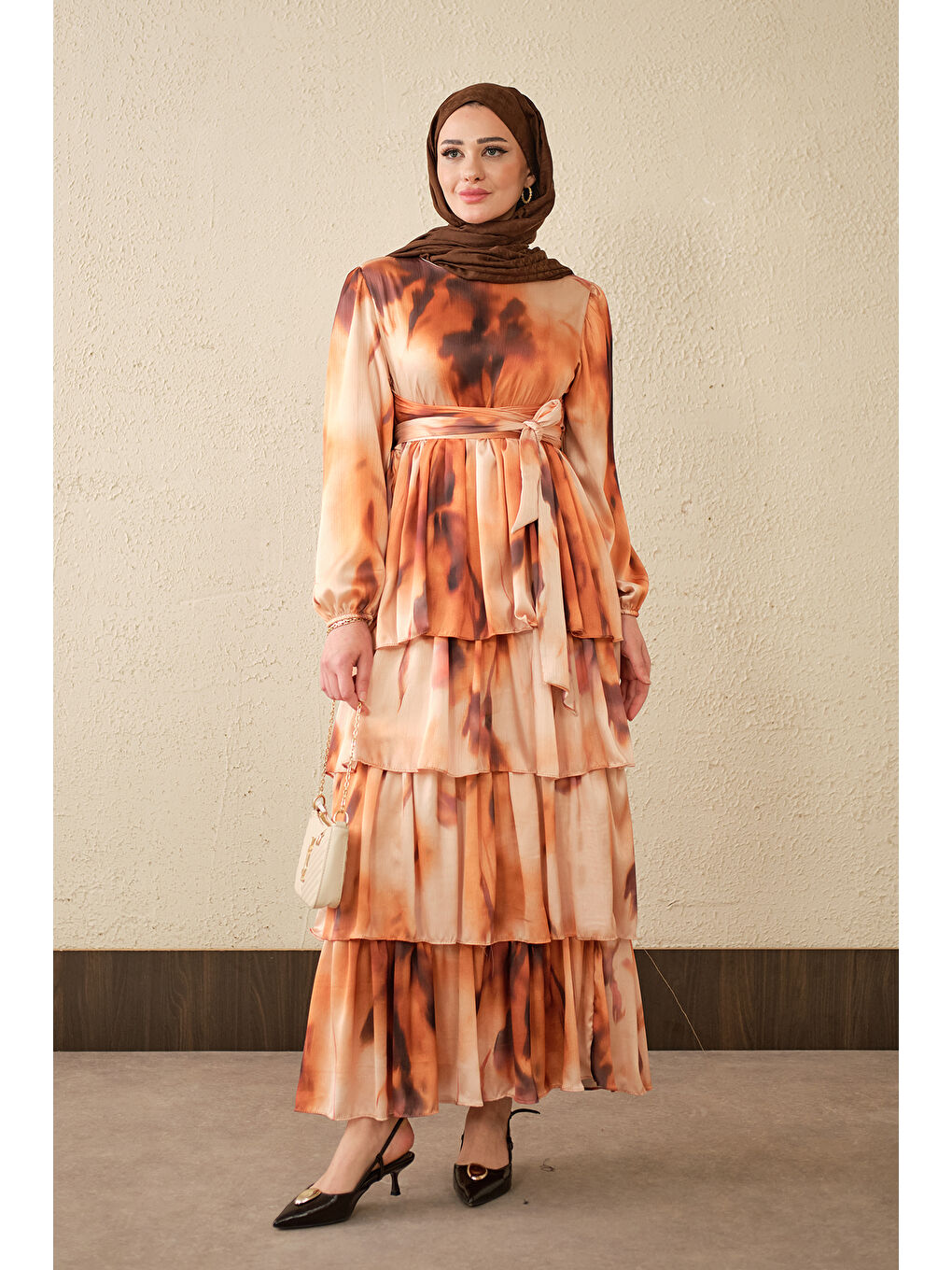 Kadın Etnik Desen Arkadan Bağlamalı Elbise Turuncu-1