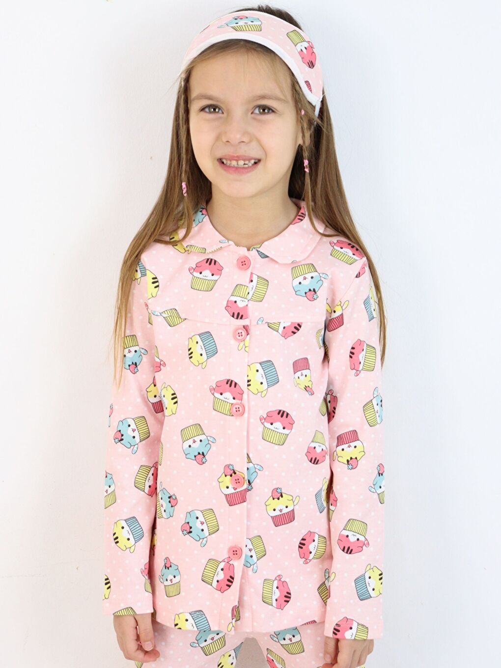 Pembe Bebe Yaka Düğmeli Kız Çocuk Göz Bantlı Pijama Takımı-2