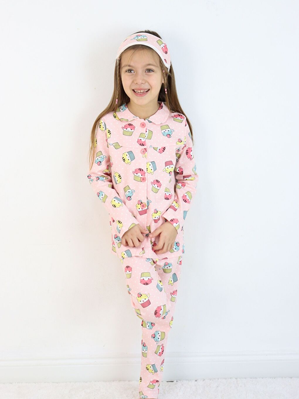 Pembe Bebe Yaka Düğmeli Kız Çocuk Göz Bantlı Pijama Takımı-3