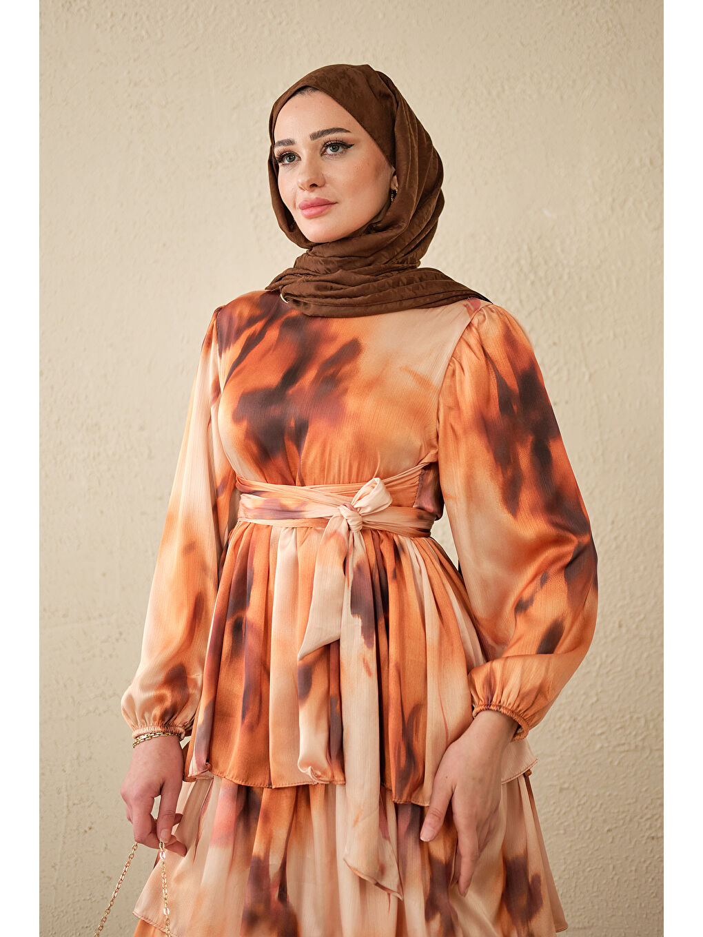 Kadın Etnik Desen Arkadan Bağlamalı Elbise Turuncu-2