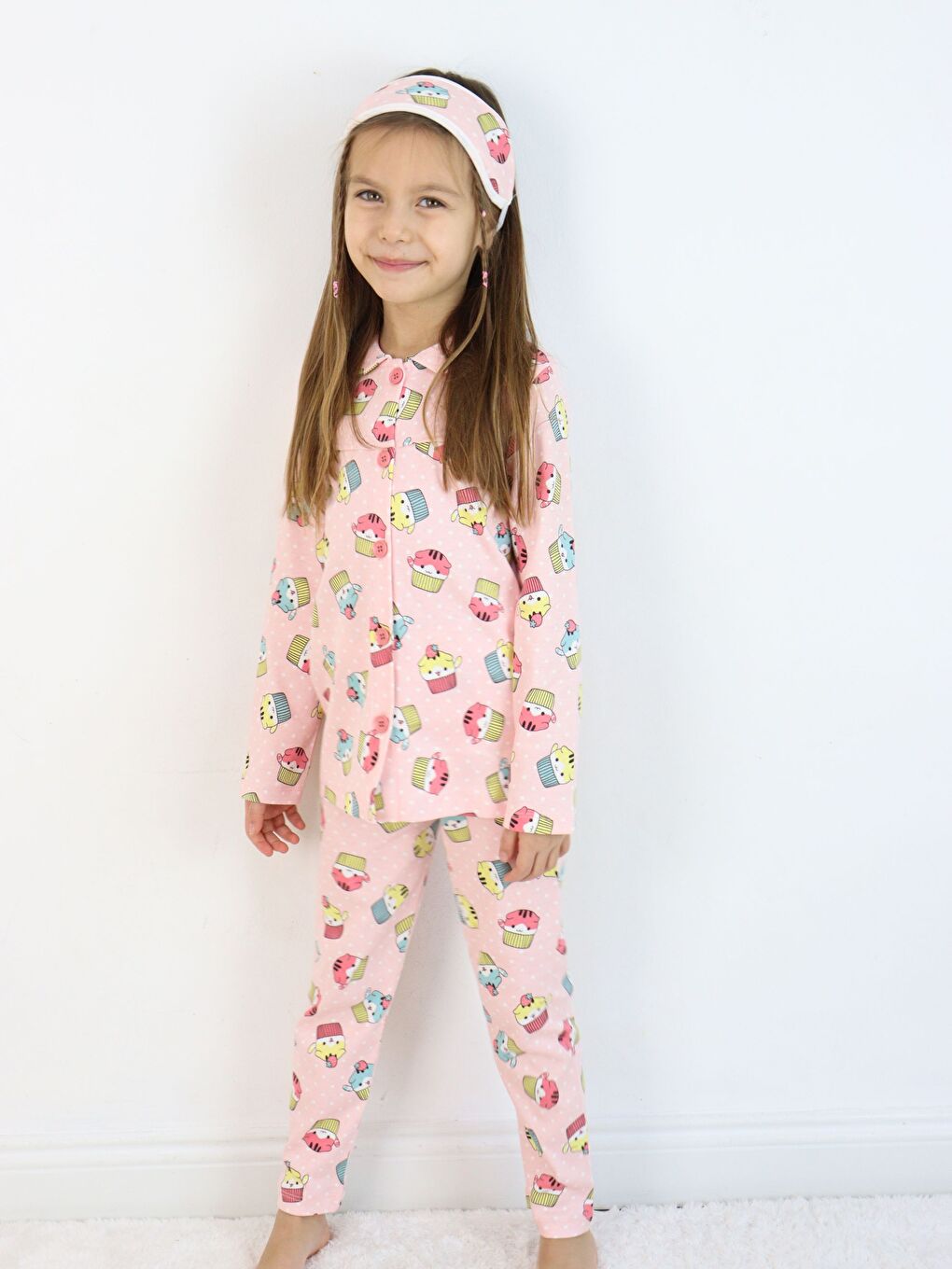 Pembe Bebe Yaka Düğmeli Kız Çocuk Göz Bantlı Pijama Takımı-8