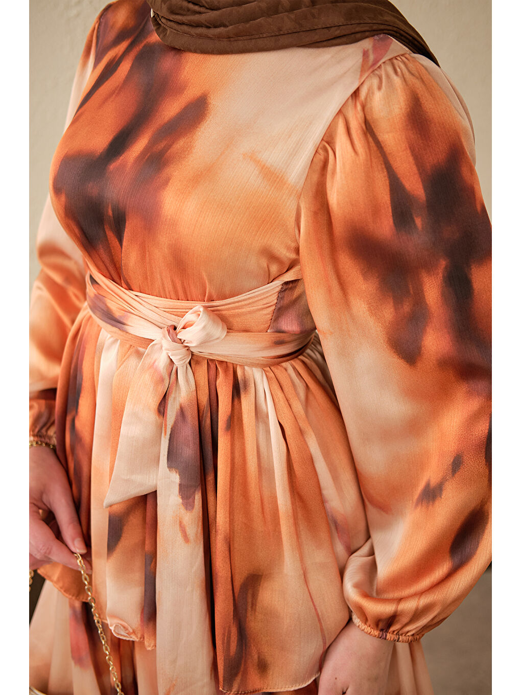 Kadın Etnik Desen Arkadan Bağlamalı Elbise Turuncu-3