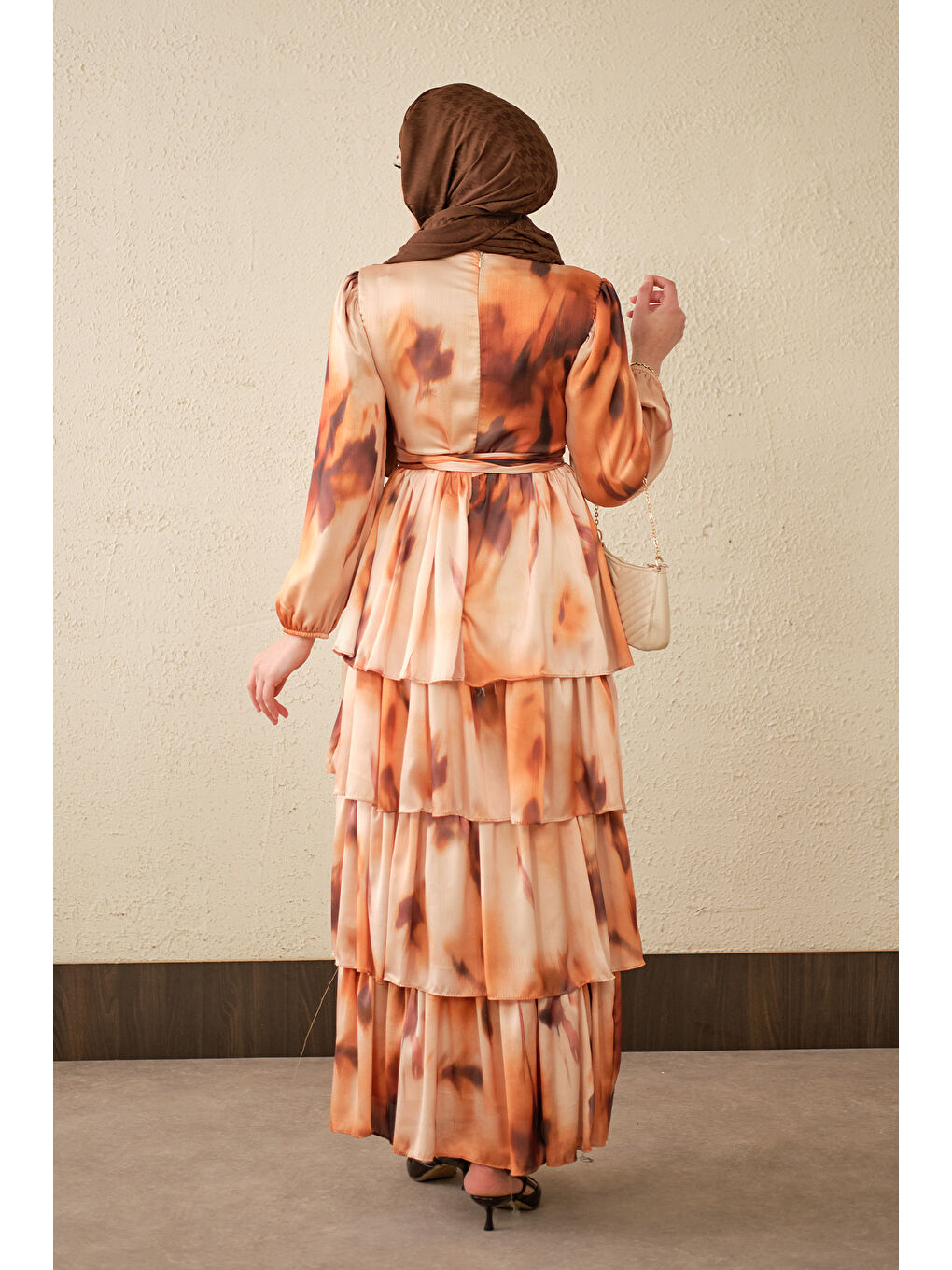 Kadın Etnik Desen Arkadan Bağlamalı Elbise Turuncu-4