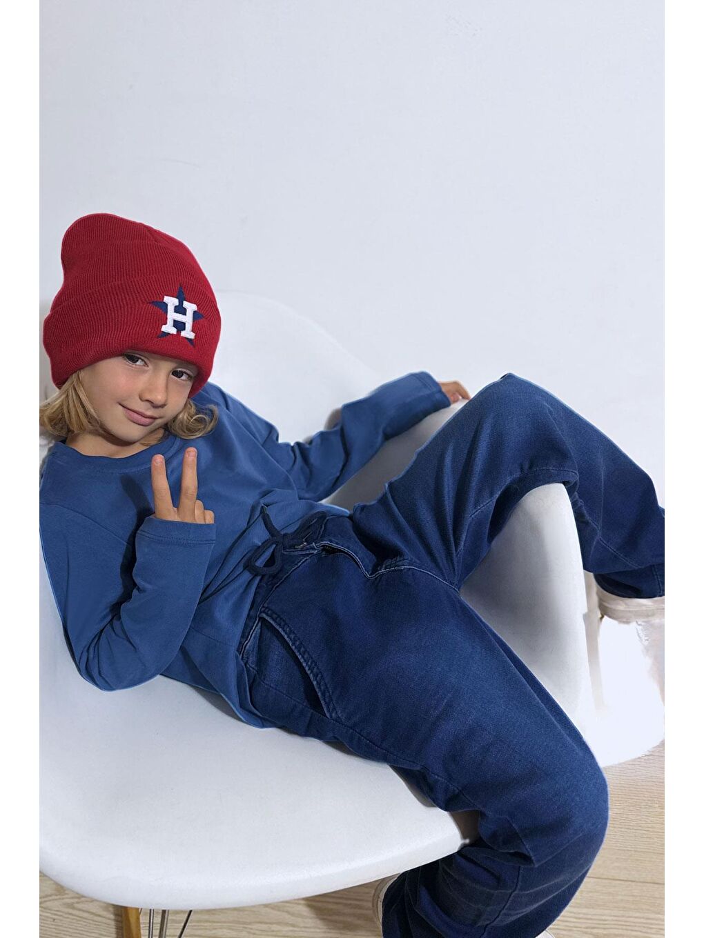 Erkek Çocuk Jean Pantolon Bağcıklı Fermuarlı Cepli Koyu Mavi (5-9 Yaş)-1