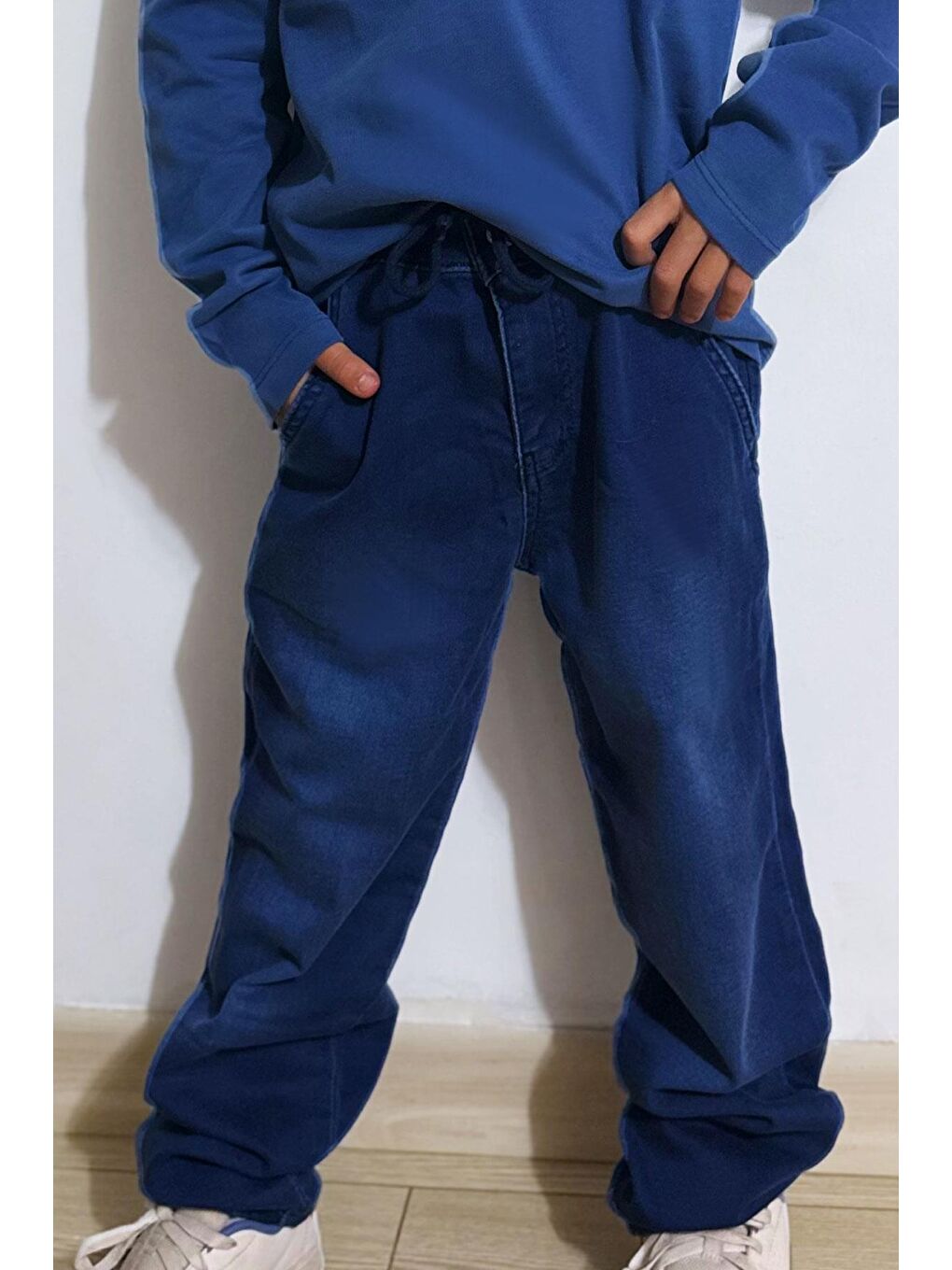 Erkek Çocuk Jean Pantolon Bağcıklı Fermuarlı Cepli Koyu Mavi (5-9 Yaş)-2