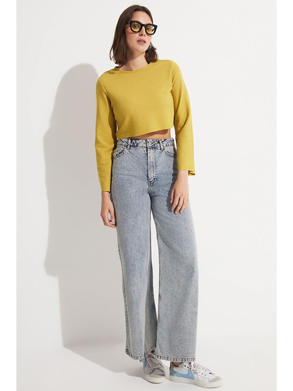 Yeşil Kadın Bisiklet Yaka Uzun Kollu Crop Bluz