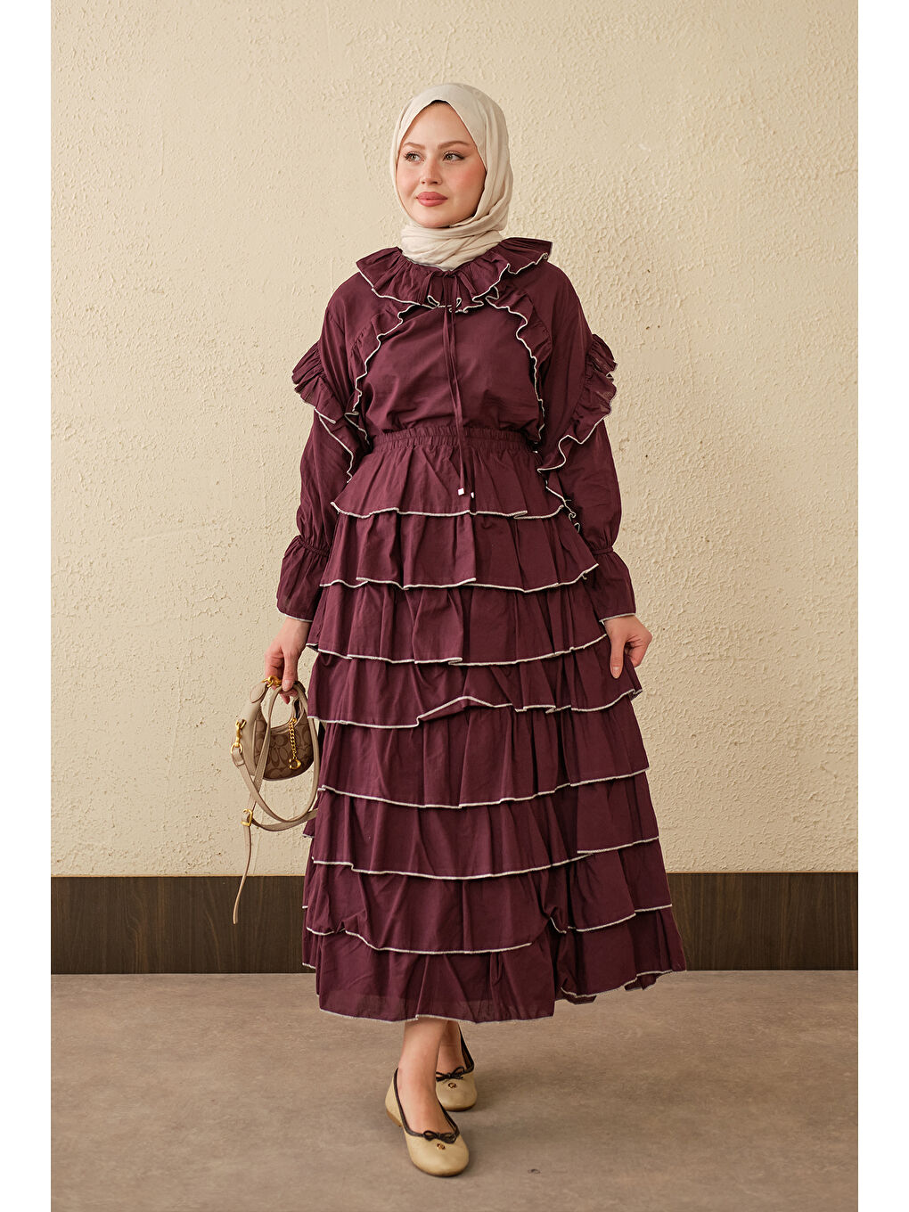 Kadın Kat Kat Vual Etekli Takım Bordo