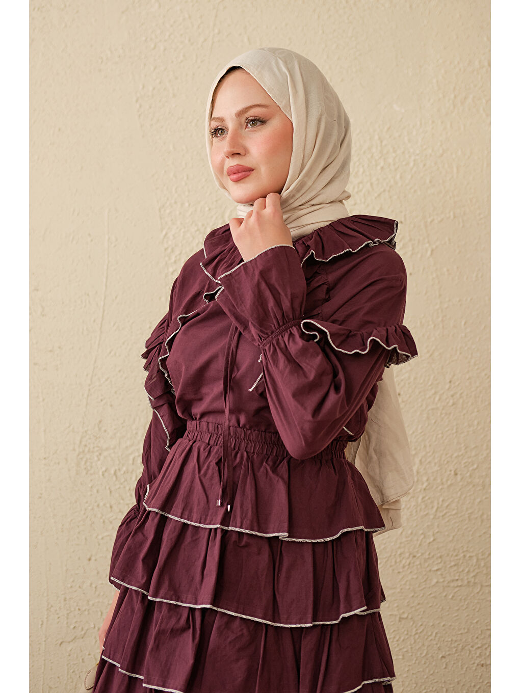 Kadın Kat Kat Vual Etekli Takım Bordo-1