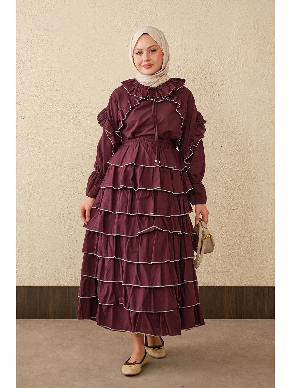 Kadın Kat Kat Vual Etekli Takım Bordo-2