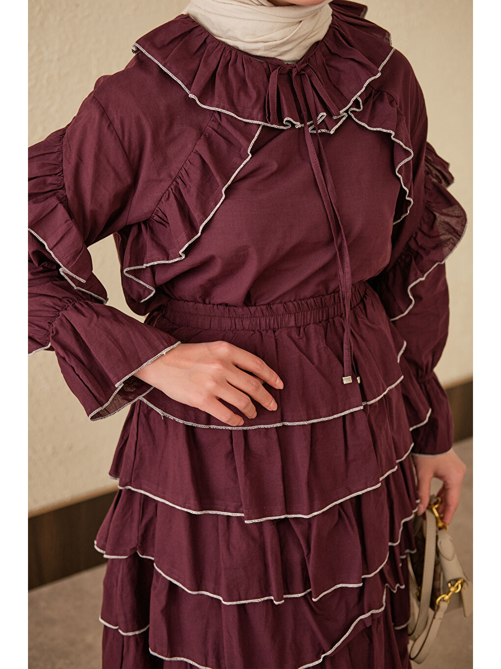 Kadın Kat Kat Vual Etekli Takım Bordo-3