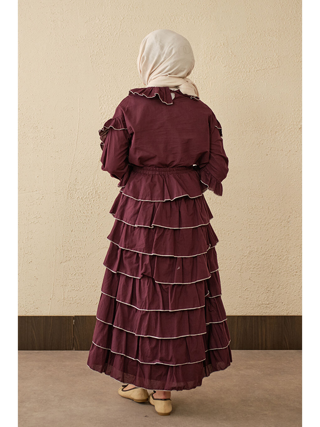 Kadın Kat Kat Vual Etekli Takım Bordo-4