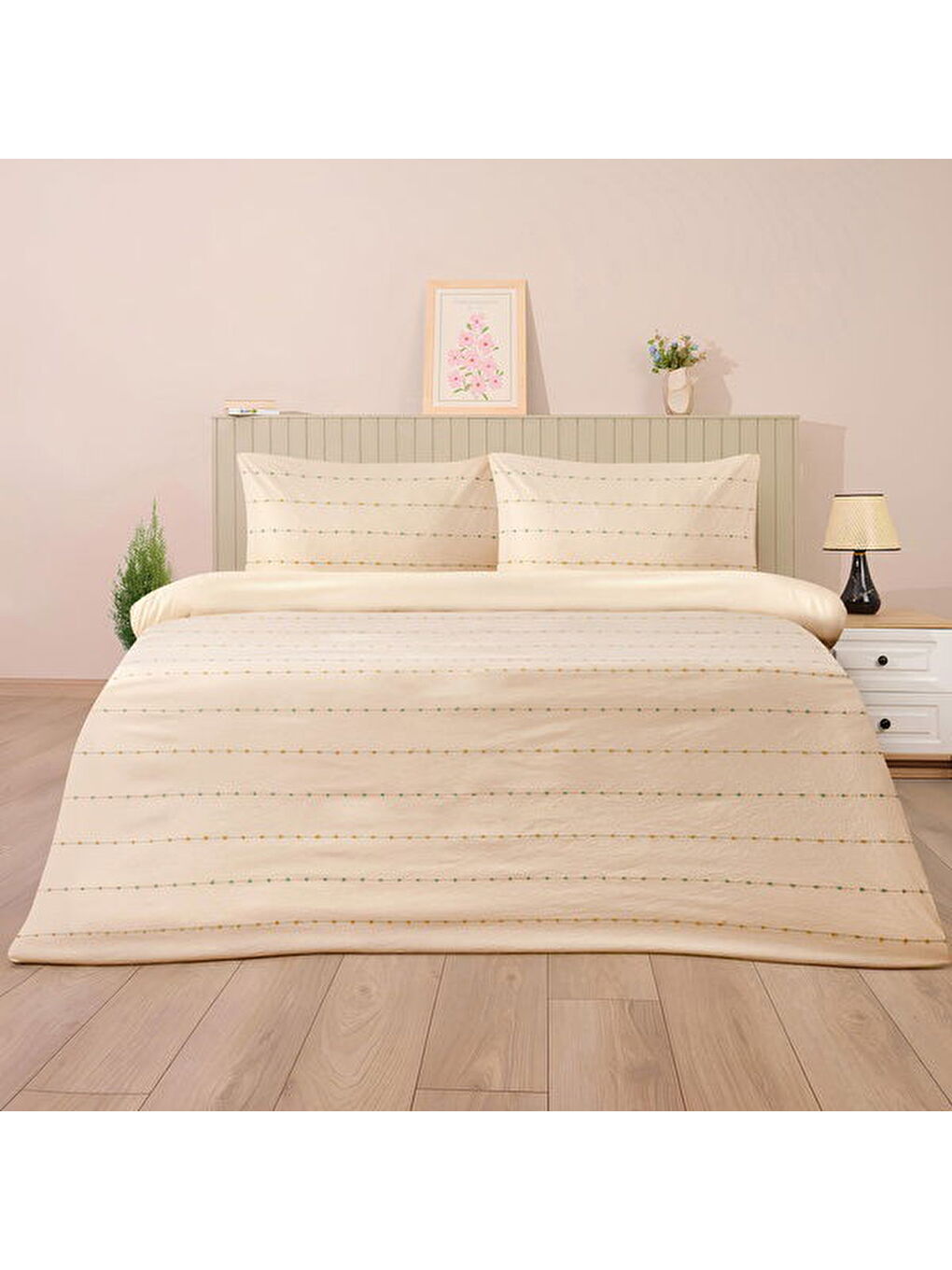 Soft Elias İpliği Boyalı Çift Kişilik Nevresim Takımı - Ekru / Mavi