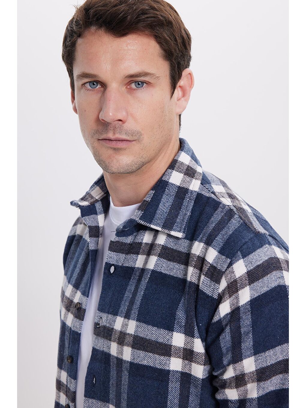 Lacivert Erkek Slim Fit Dar Kesim Kareli Kışlık Oduncu Gömlek-1
