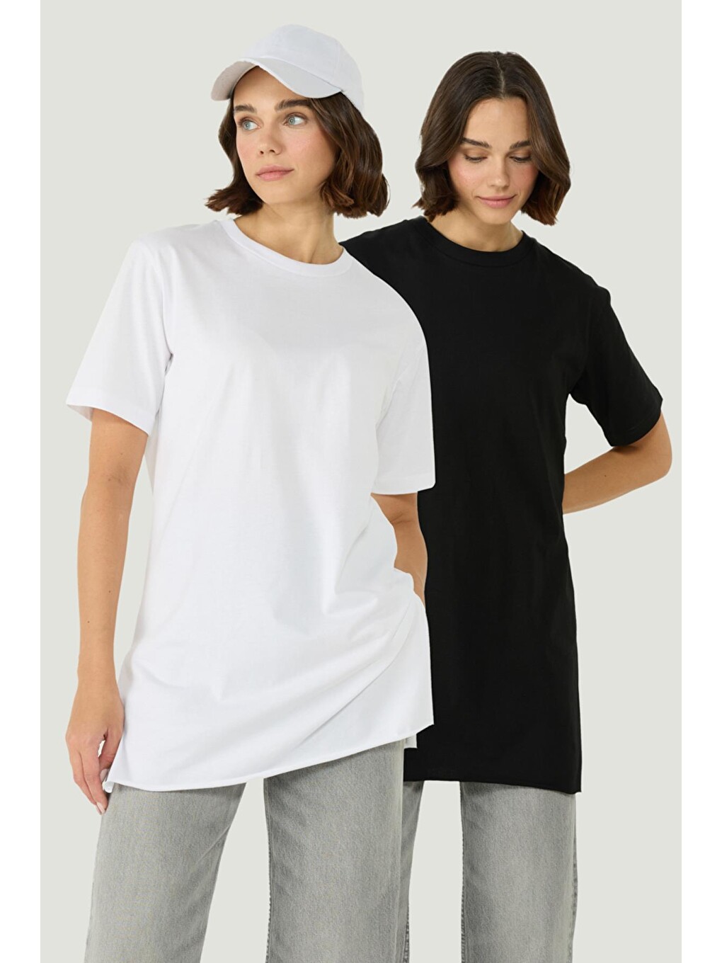 Bisiklet Yaka Yarım Kol Yırtmaçlı 2'li Uzun T-shirt 963 Siyah/beyaz