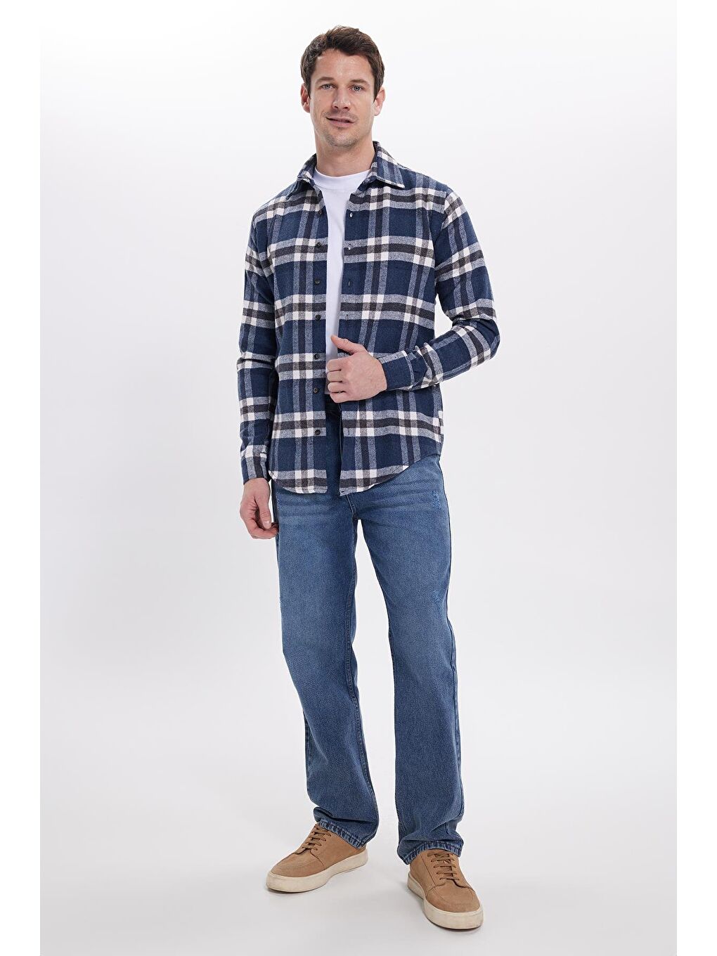 Lacivert Erkek Slim Fit Dar Kesim Kareli Kışlık Oduncu Gömlek-2