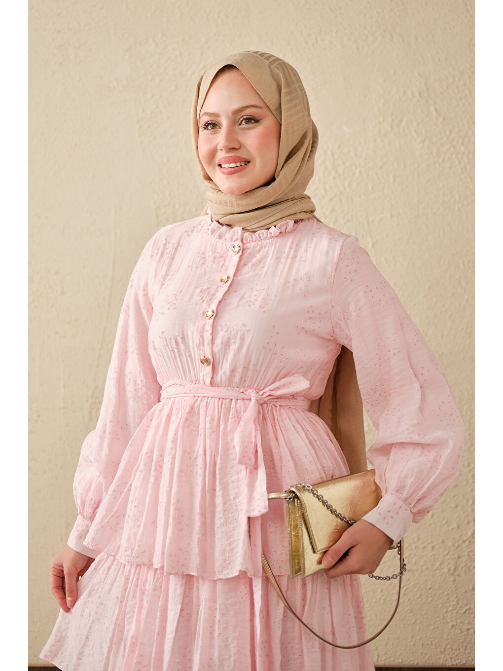 Kadın Beli Lastikli Gold Düğme Detaylı Volanlı Elbise Pembe-1