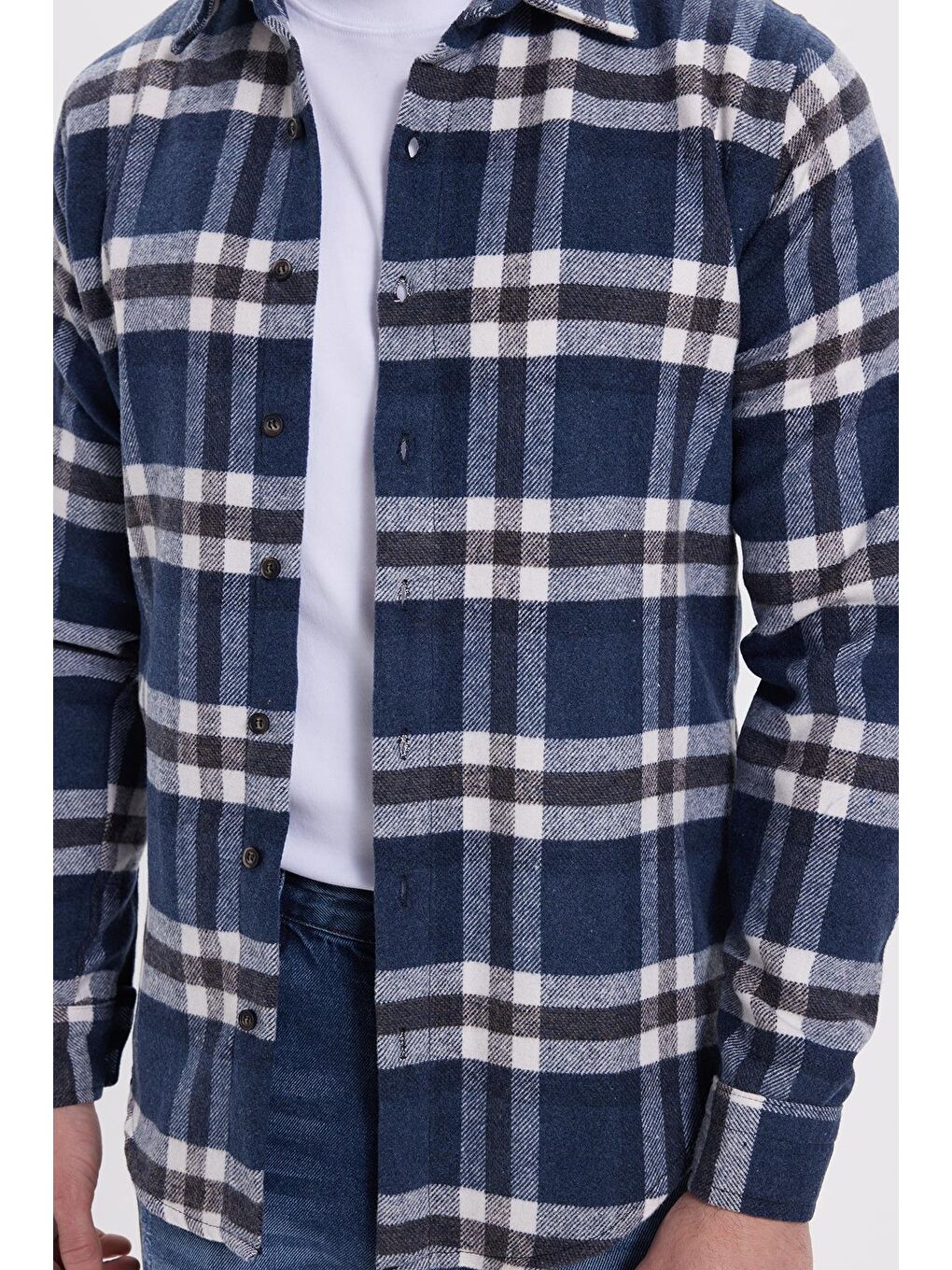 Lacivert Erkek Slim Fit Dar Kesim Kareli Kışlık Oduncu Gömlek-3