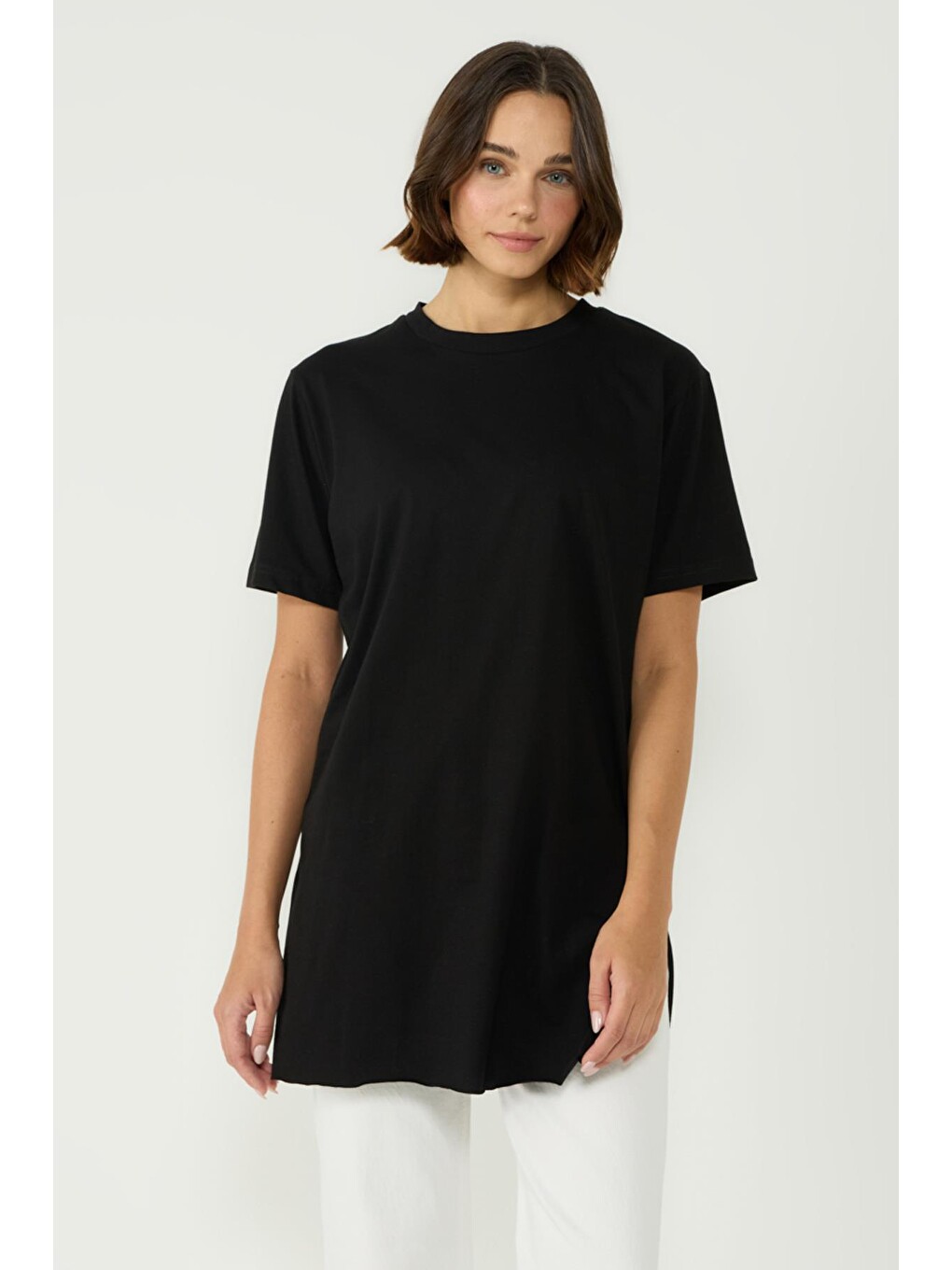 Bisiklet Yaka Yarım Kol Yırtmaçlı 2'li Uzun T-shirt 963 Siyah/beyaz-6