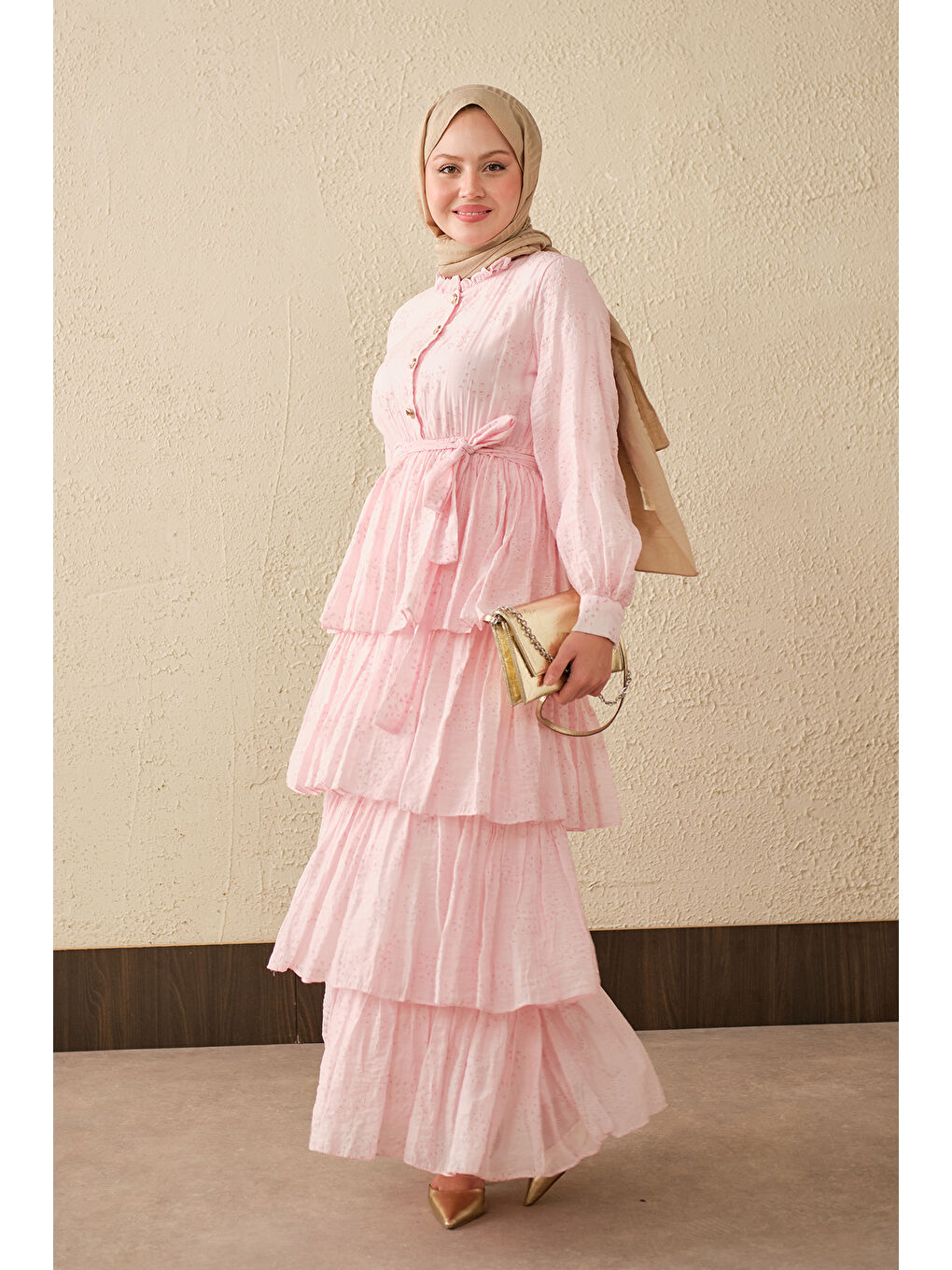Kadın Beli Lastikli Gold Düğme Detaylı Volanlı Elbise Pembe-2
