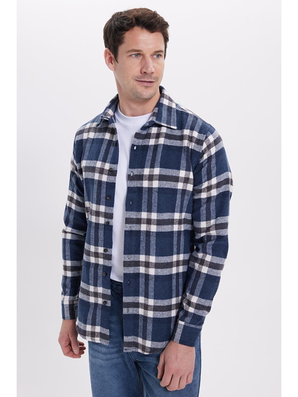 Lacivert Erkek Slim Fit Dar Kesim Kareli Kışlık Oduncu Gömlek-6