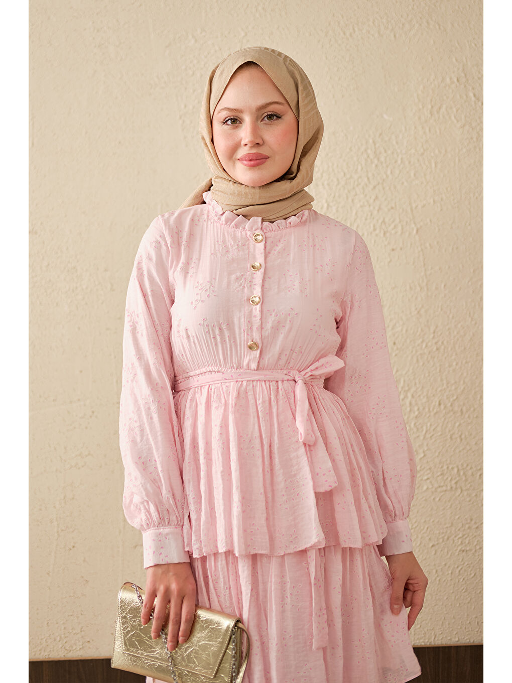 Kadın Beli Lastikli Gold Düğme Detaylı Volanlı Elbise Pembe-3