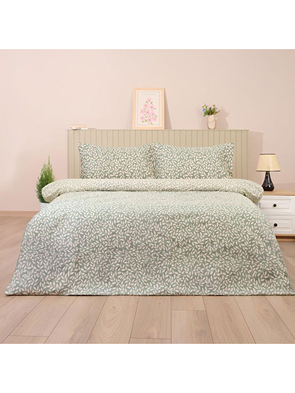 Siyah Soft Sylvara Çift Kişilik Nevresim Takımı - Ekru / Yeşil-1