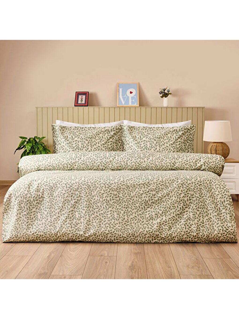 Siyah Soft Sylvara Çift Kişilik Nevresim Takımı - Ekru / Yeşil-3