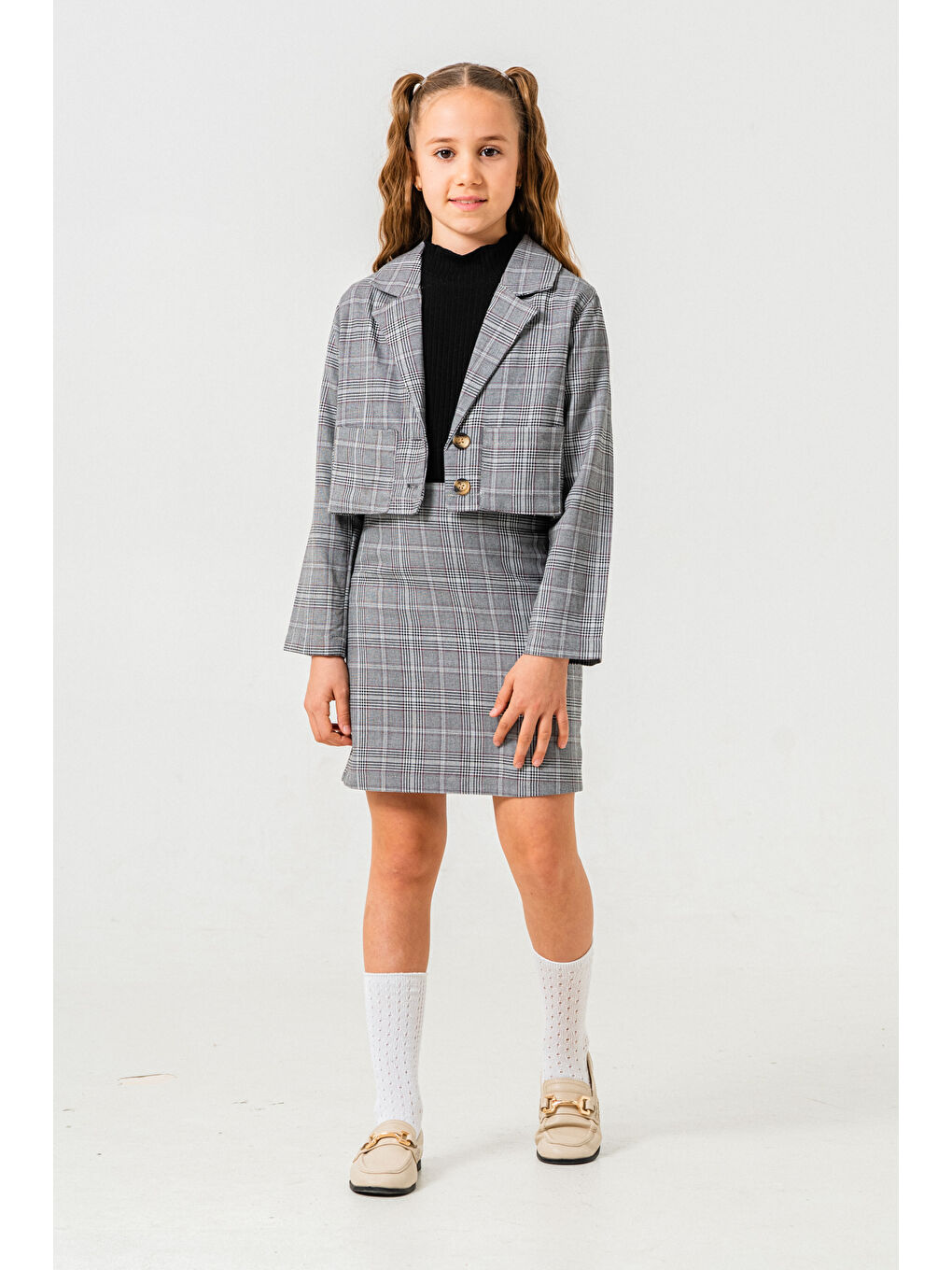 Kruvaze Ceketli Üçlü Etekli Takım 5-9 Yaş Gri 3759-1