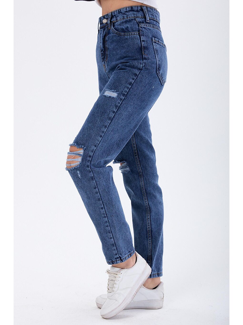 TOFİSA Mavi Düz Orta Kadın Mavi Mom Jeans Lazerli Jean Pantolon - 23810 - 2